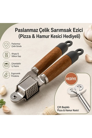 Paslanmaz Çelik Sarımsak Ezici / Pizza&hamur Kesici Hediyeli Çok Renkli