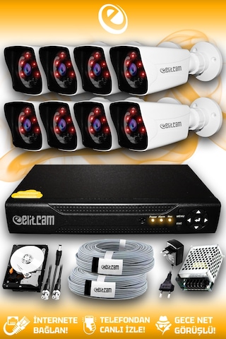 Elitcam 8 Kameralı Kare 8 Dış Kamera Set 1 TB HDD Full HD Gece Görüşlü Güvenlik Kamerası Sistemi
