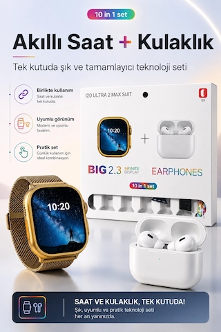 Akıllı Saat Ve Kablosuz Kulaklık Bir Arada Telefon Uyumlu Şık Hediye Seti