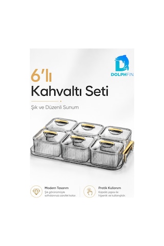 6 Lı Kapaklı Kahvaltılık Seti Şeffaf Gold Kulplu Sunum Tepsili Seffaf