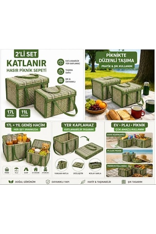 Çok Amaçlı Piknik Plaj Taşıma Düzenleyici Organizer 2'li Katlanır Hasır Saklama Oyuncak Çantası Sepeti 17 L- Kahverengi