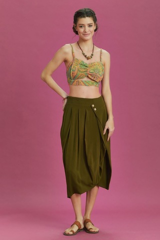 Rahat Kesim Geniş Pileli Haki Anvelop Midi Etek Haki