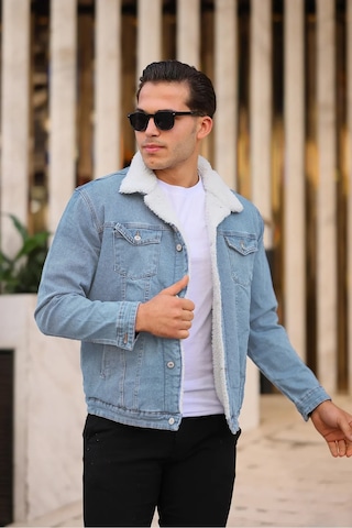 E-fendi Erkek Kürklü Denim Kot Mont Kışlık Sıcak Ve Şık Dış Giyim Buz Mavi - Krem