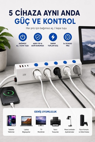 5'li Akım Korumalı Çoklu Priz 2 Metre Kablolu 3680w 16a 5 Anahtarlı 2usb-a 2 Usb-c Pd 20w Hızlı Ftr- 2 M