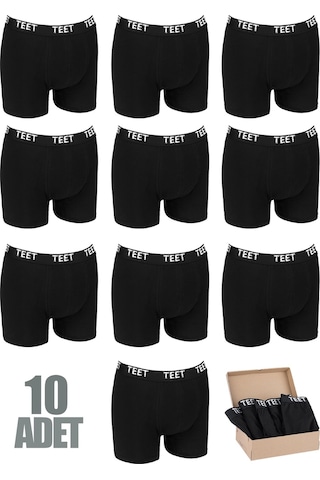 Teet Premium Erkek Boxer10'Lu Set Pamuklu Düz Renk Tam Kalıp Siyah 001