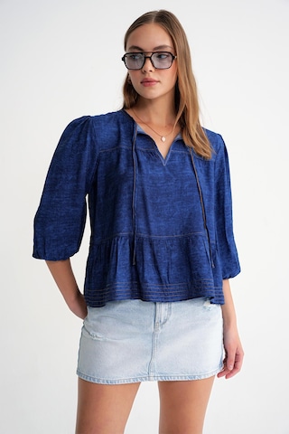 Mixray 4704 Kadın Fırfırlı Balon Kol Kısa Denim Bluz Lacivert