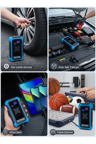 Steiner 16.000 Mah 4'ü 1 Arada 10 Bar Dijital Göstergeli Powerbank Led Fener Şarjlı Akü Takviye Cihazı Hava Kompresörü Mavi