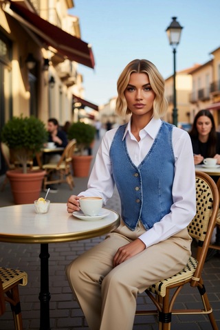 Benerly Kadın V Yaka Kolsuz Fitted Denim Yelek Düz Desen Astarsız Regular Mavi