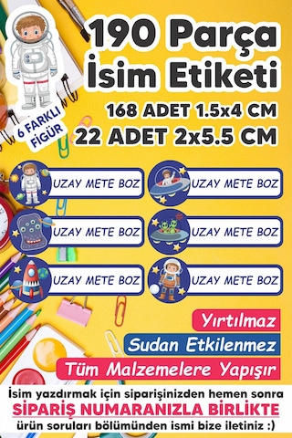 Okul Etiketi Kalem Defter Etiketi Uzay Özel Isim Yazılabilen Etiket - 190 Adet