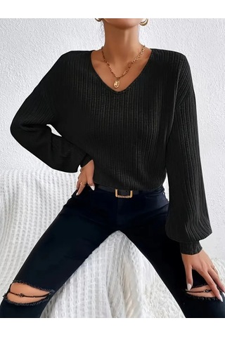 Kadın Uzun Kollu V Yakalı Salaş Şardonlu Kaşkorse Bluz Siyah
