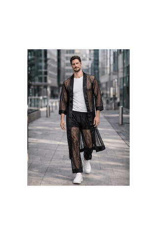 Qmen Style Erkek Kimono Takımı - 3 Lü File Set Bornoz + Pantolon + Şort Siyah