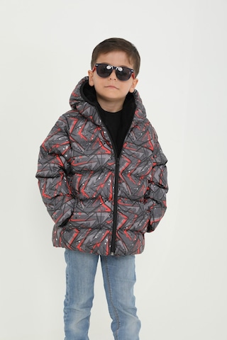 Erkek Çocuk Siyah Geometrik Desen İçi Polar Su Ve Rüzgar Geçirmez Kapüşonlu Cepli Şişme Kışlık Mont Siyah