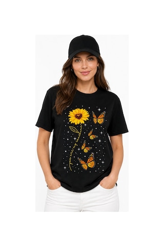Bayloranzzo Sunflower %100 Pamuk Heavy Cotton Premium Kalite Kadın Tişört Siyah