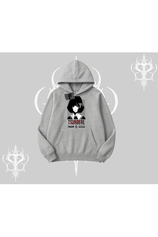 Startmore Kapşonlu Sweatshirt Tsundere Anime Japanese Style Baskılı Gri