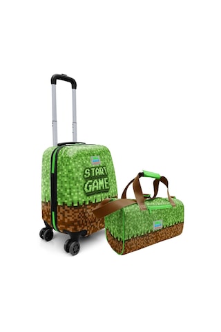 Coral High Erkek Çocuk Yeşil Kahverengi Craft Desenli Çocuk Valizi Ve Seyahat/spor Çantası Seti Çok Renkli