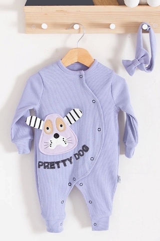 Baby Donat Pretty Dog Nakışlı Bandanalı % 100 Pamuk Kız Bebek Tulumu Lila