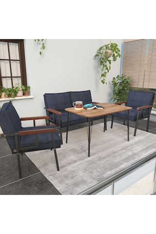 Mygusi Modern Balkon, Bahçe, Cafe - Metal Kanepe Koltuk Takımı - 2+1+1 Masa Lacivert