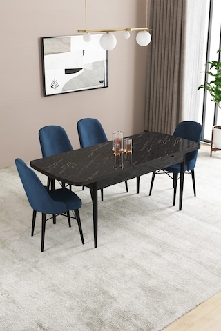 Familieconcept Almira Serisi, Siyah Mermer Desen 80x132 Açılabilir Mdf Mutfak Masası Takımı 4 Adet Sandalye Lacivert