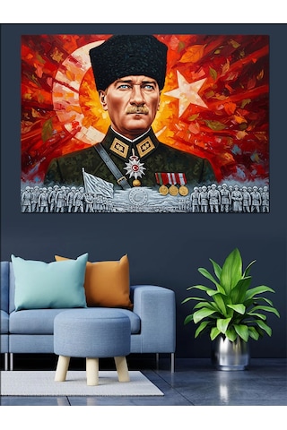 Türk Bayrağı Mareşal Mustafa Kemal Atatürk Ve Kahraman Türk Askeri Dekoratif Kanvas - Mdf Ahşap Tablo