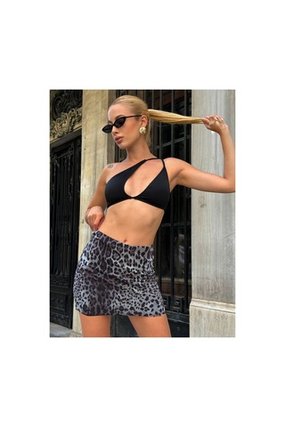 Winmoda34 Kadın Mini Leopar Tül İçi Astarlı Etek Gri-leopar