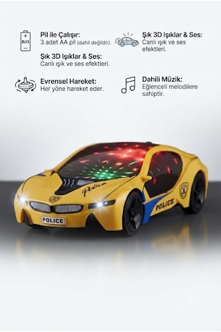 Çarp Dön Araba 1:18 Ölçekli 25 Cm Müzikli Ve 3d Işıklı Pilli Eğlenceli Oyuncak Polis Arabası Sarı