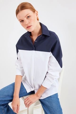 Defymoda 20221 Blok Renkli Oversize Gömlek - Lacivert Laci Vert Lacivert