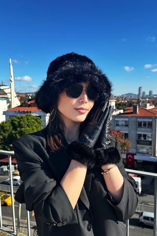 Mollycrush Kadın Siyah Kürk Bucket Şapka Ve Eldiven Trend Kışlık Set Siyah