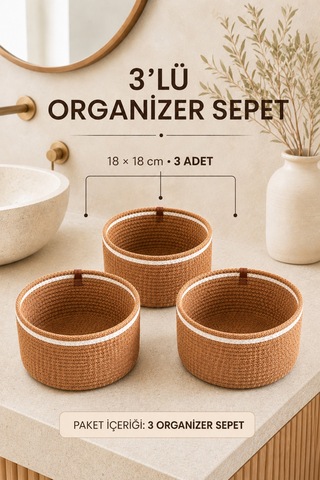 El Yapımı Bohem Hasır Organizer Sepet Banyo Kozmetik Aksesuar Mutfak Küçük Eşya 3'lü
