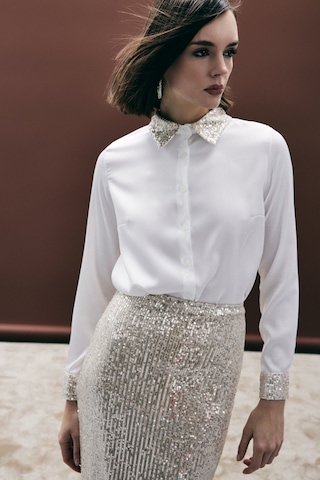 Sateen Payet Detaylı Saten Gömlek - Bej-136686 bej