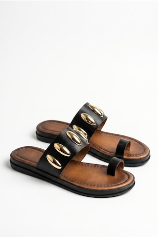 Giamgia Store Giamgia Kadın Siyah Altın Zımbalı Düz Parmak Arası Terlik-2403