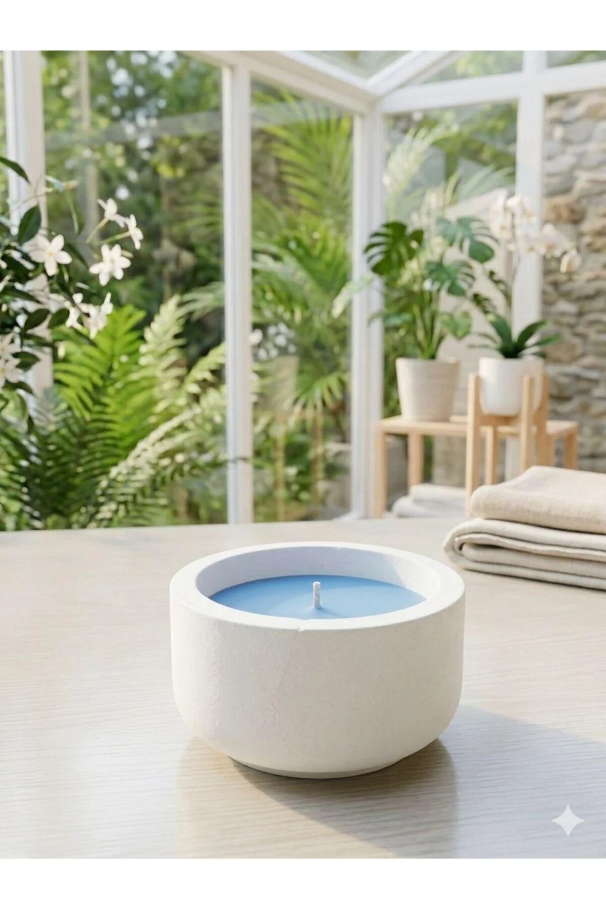 Okyanus Kokulu Yuvarlak Küçük Dekoratif Mum %100 Soya Wax Beyaz - Mavi