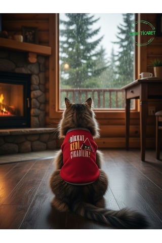 Dikkat Kedi Çıkabilir Yazılı Kırmızı Kedi Ve Köpek Kıyafeti Elbisesi