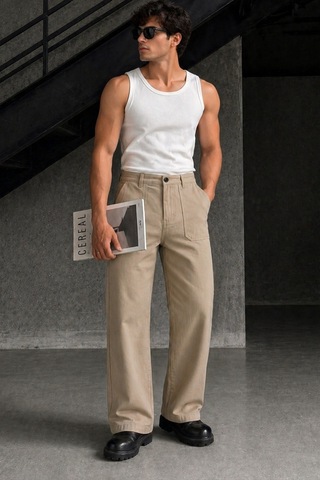 Tarz Cool Erkek Baggy Fit Old Money Cep Detaylı Pantolon Vizon