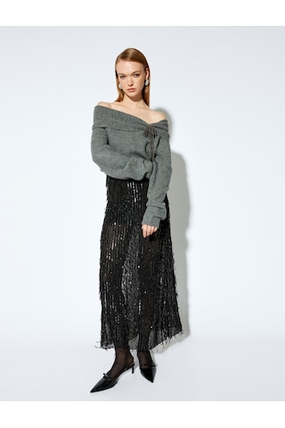Koton Koton X Melis Ağazat - Slim Fit Yarım Astarlı Otriş Detaylı Transparan Pullu Payetli İşlemeli Uzun Etek Siyah 5wak10450ek Siyah
