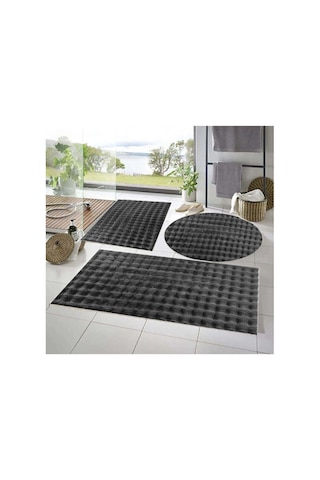 Raschel Carpet Balat Halı 3'lü Kaymaz Taban Bubble Peluş Banyo Paspası Koyu Gri 50x50 Yuvarlak -50x50 Ve 50x70 Çok Renkli
