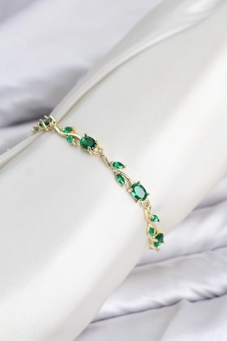 Pirinç Gold Renk Yeşil Zirkon Taşlı Çiçek Model Kadın Bileklik Çok Renkli