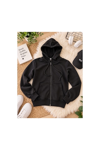 Uğur Bebe 3 İplik Şardonsuz Siyah Kapüşonlu Fermuarlı Hırka Cepli, Ayarlanabilir Bağcıklı, Okul Ve Günlük Kullanım Çocuk Sweatshirt Siyah Siyah
