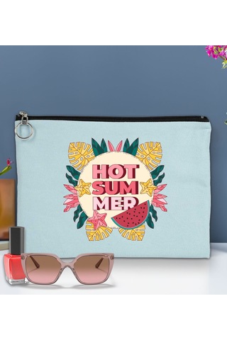 Bk Gift Yaz Temalı-8 Astarlı Açık Mavi Portföy Çanta 30x21cm, Baskılı El Çantası, Organizer Çanta