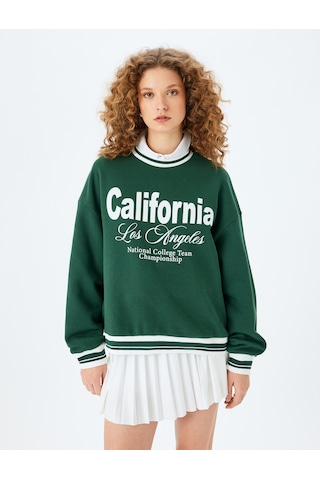 Koton Bisiklet Yaka Kolej Baskılı Biyeli Oversize Sweatshirt Yeşil 5wal10831ık Yeşil