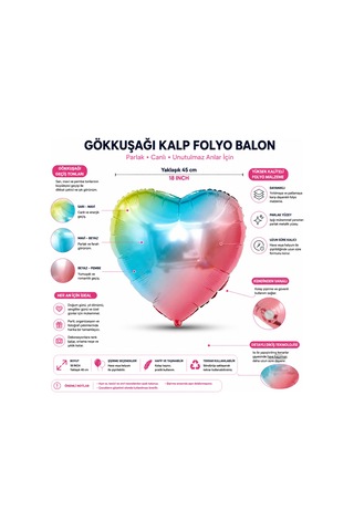 Rainbow Kalp Folyo Balon 18 İnç Doğum Günü Parti Süsü Dekorasyon Balonu Helyumlu Çok Renkli