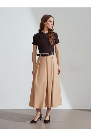 Dilvin 81074 Kemerli Pileli Midi Etek-camel