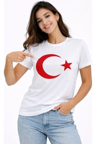 Valensdesign T-shirt Kısa Kol Bisiklet Yaka Ay Yıldız Bayrak Baskılı Tişört - Beyaz