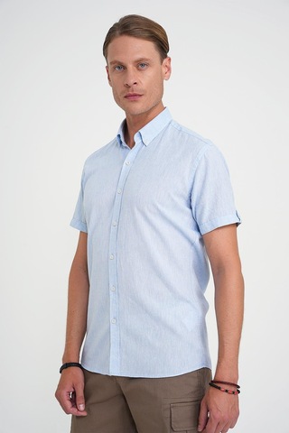 Comfort Fit Düğme Yaka Kısa Kol %100 Keten Düz Mavi Gömlek G 1596 Mavi