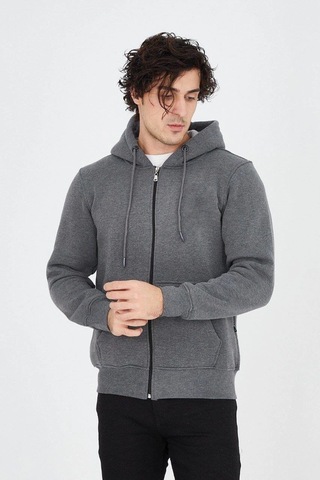 Barlashive Erkek 3 İplik Pamuklu Fermuarlı Kapüşonlu Kanguru Cepli Hoodie Hırka Sweatshirt - Füme Çok Renkli