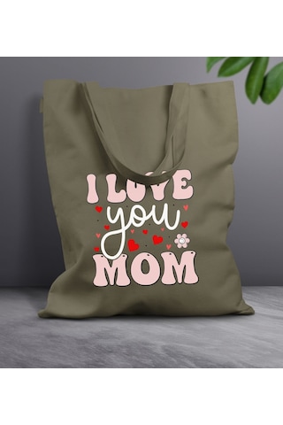 Bk Gift Anneler Günü Tasarımlı Haki Kumaş Bez Çanta, Baskılı Omuz Çantası, Alışveriş Çantası, Anneler Günü Hediyesi, Anneye Hediye-2 Çok Renkli
