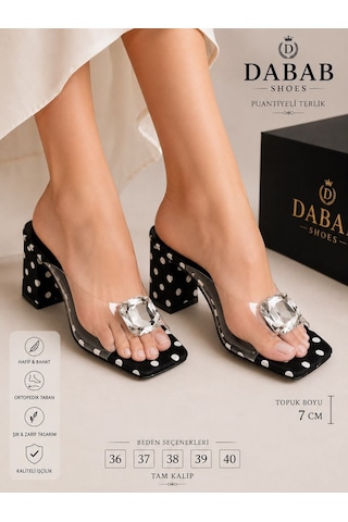 Dabab Shoes Rodın Kadın Şeffaf Bantlı Taş Tokalı Puantiye Desenli Kare Burunlu Siyah 7 Cm Kalın Topuklu Terlik