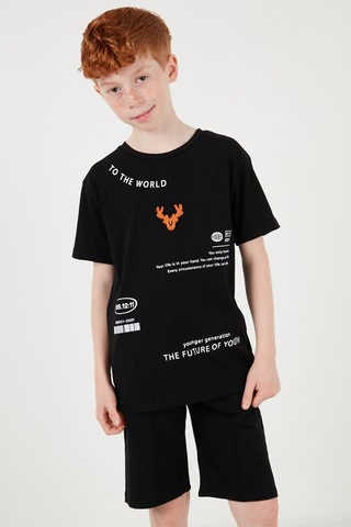 Lela Pamuklu Baskılı Bisiklet Yaka Kısa Kollu Şortlu Erkek Çocuk Takım 6212010 Siyah