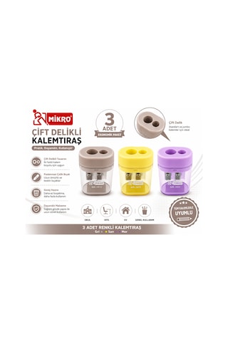 Mikro Çift Delikli Kalemtıraş 3 Adet Hazneli Standart Ve Jumbo Kalem Uyumlu Mk-1011