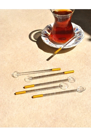 6'lı Cam Çay Kaşığı Varaklı Gold Çay Kaşık Düz Simli Gold