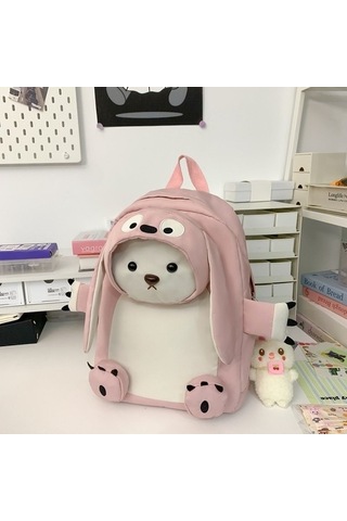 Sevimli Karikatür Sırt Çantası Kadın Kore Versiyonu Uzun Kulaklı Ayı Ortaokul Öğrencisi Bebek Sırt Çantası Okul Çantası 5631 Siyah - Sarı